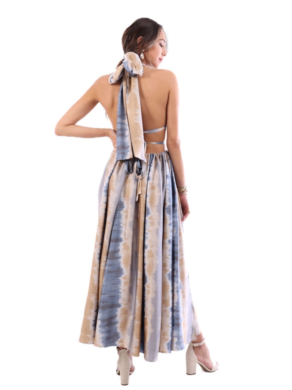NWT Luxxel Blue & Tan Tie-Dye Halter Maxi Dress - Picture 2 of 7